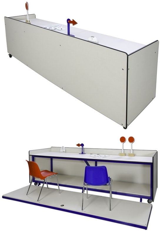 Tavolo giuria con struttura di acciaio verniciato e carenatura di legno, dimensioni cm 300x70x76 Art. S04262