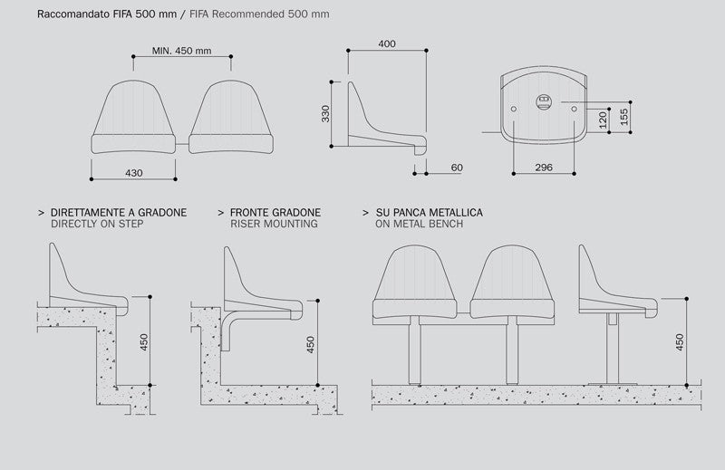 SEDUTA SEDILE OMSI monoblocco con doppio schienale alto, modello M2002/SESTA, versione IGNIFUGA+ANTI-UV ORDINE MINIMO 500 PZ
