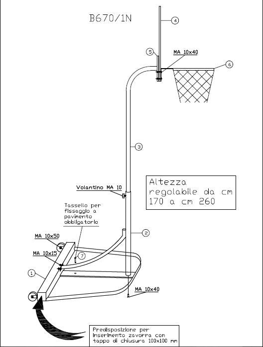 Canestro su colonna trasportabile Art. B 670/1N con tabellone ovale e basamento smontabile