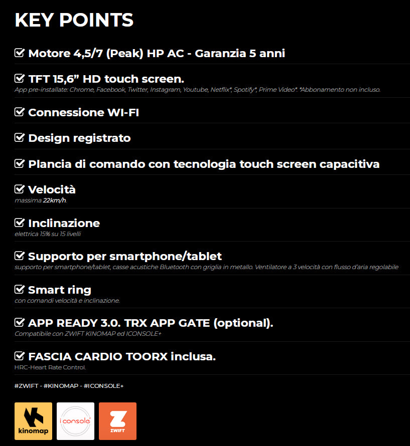 Tapis Roulant Toorx MIRAGE S80 TFT HRC APP Ready 3.0 motore AC