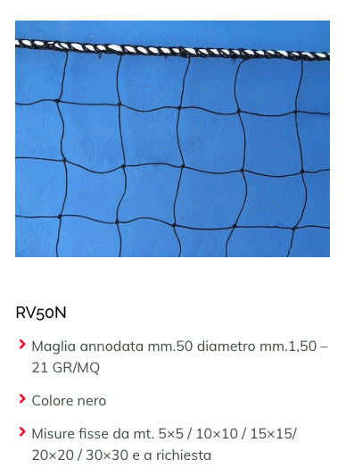 RETE PROTEZIONE VOLATILI ART-RV50N annodata mm50 diam mm1,50 con cordino perimetrale