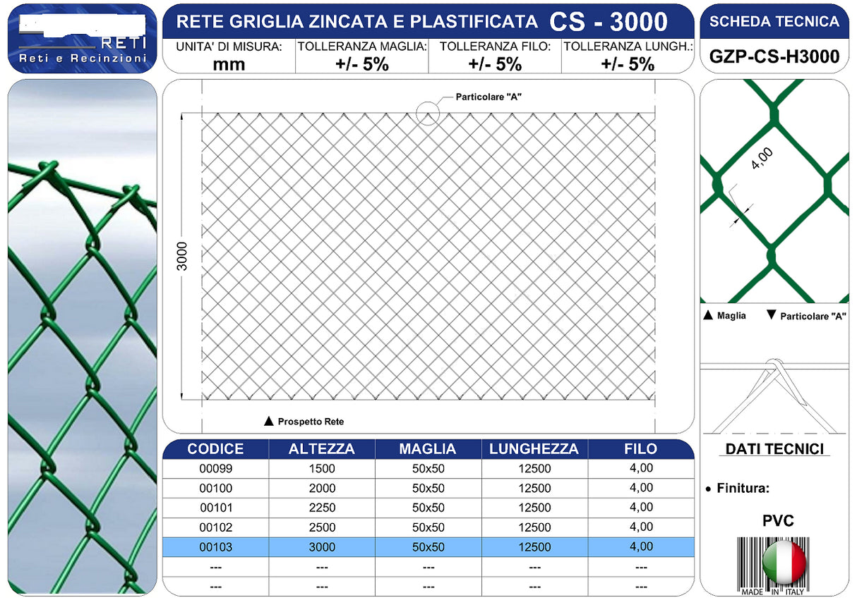 Rete Metallica Griglia Zincata e Plastificata H2,25 filo 4,00mm Campi Sportivi rotolo mtl 12,5