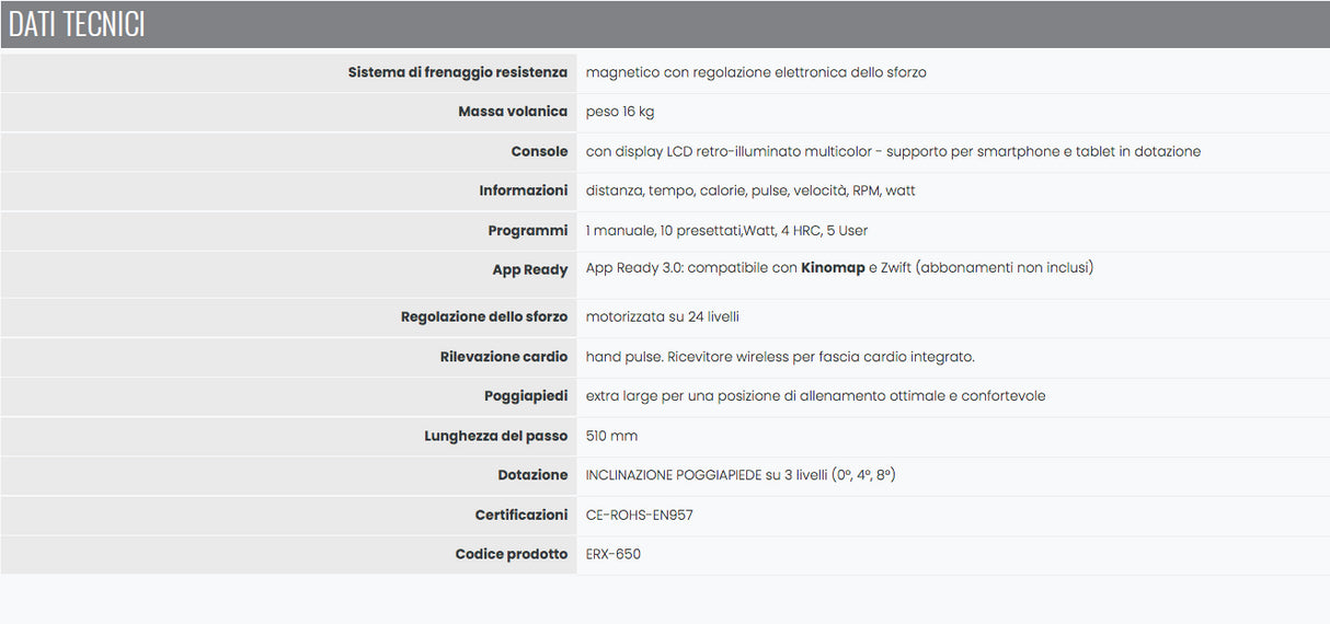 ERX-650 HRC a volano anteriore elettromagnetica con pedane regolabili in inclinazione e ricevitore wireless APP Ready 3.0