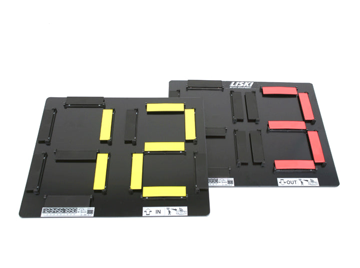 Segnalatore cambio giocatori manuale bifacciale "IN" e "OUT" a 2 cifre S04460