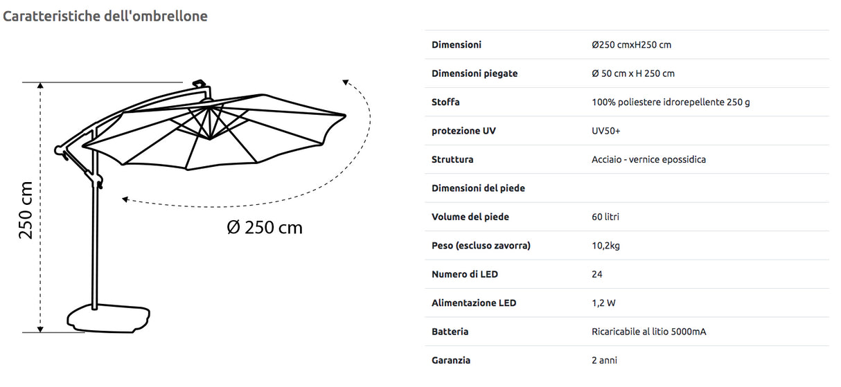 Ombrello 250 cm OFFSET PER SPA NETSPA Colore Beige Cod. GD-UM2500