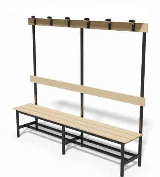 Panca in ACCIAIO, tubo TONDO diametro 40 mm, doghe in legno, lunghezza 2 m, con seduta, schienale e appendiabiti Art 9045