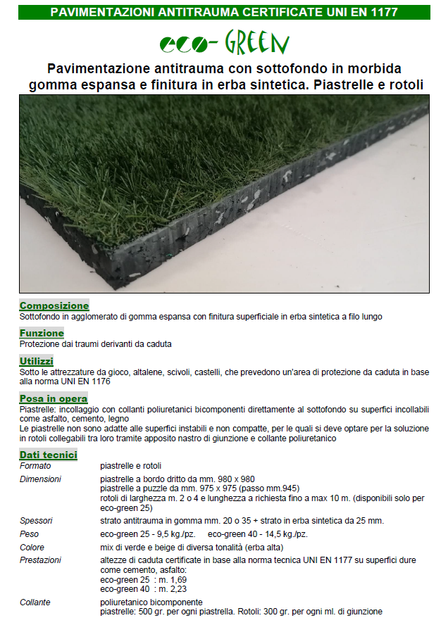 Pavimentazione Eco-Green antitrauma con sottofondo in morbida gomma espansa e finitura in erba sintetica