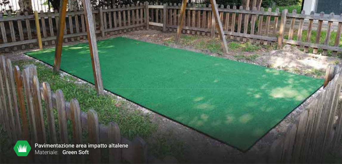 GREEN SOFT Protezioni di sicurezza in morbida gomma espansa con rivestimento in erba sintetica.
