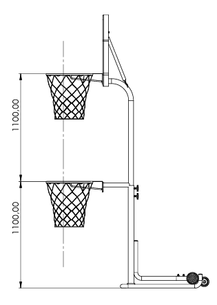 Impianto Baskin Canestro su colonna per baskin, tabellone ovale superiore in polipropilene misure 112x73cm, sbalzo 30cm Art. 4002B