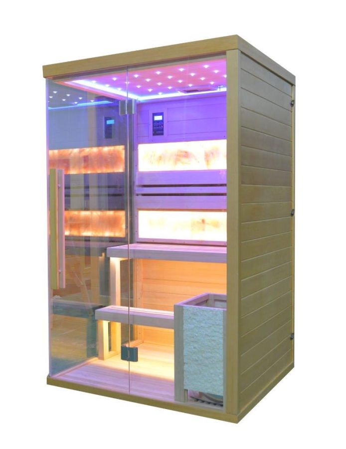 Sauna finlandese N02TDS haloterapia (terapia del sale) e parete posteriore interamente rivestita con mattoni di sale rosa naturale