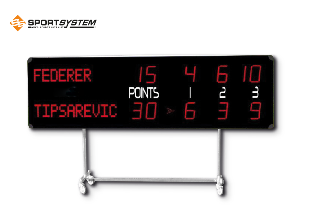 Tabellone elettronico segnapunti tennis per esterno, 452RTX ALPHA con visualizzazione nomi giocatori, dimensioni cm 240x70. Completo di console art. S04936