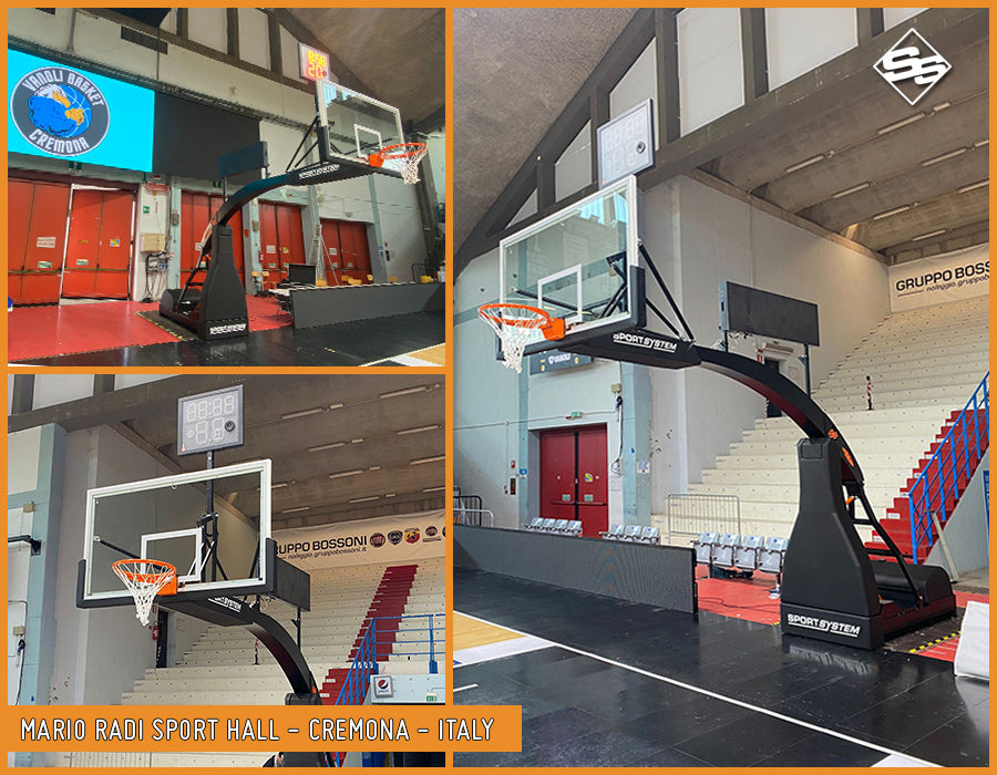 Impianto Basket Hydroplay ACE mobile su ruote, sbalzo cm 325 omologato FIBA per competizioni di 1° livello S04100