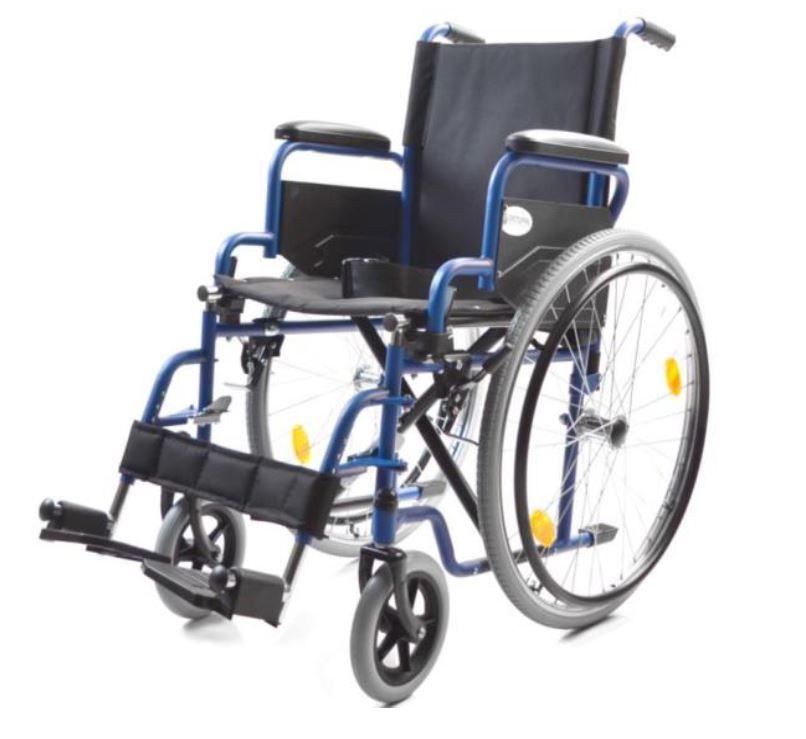 CARROZZINA PIEGHEVOLE AD AUTOSPINTA IN ACCIAIO VERNICIATO BLU, CROCIERA SINGOLA, SEDUTA 46 CM IN NYLON NERO IMBOTTITO art.