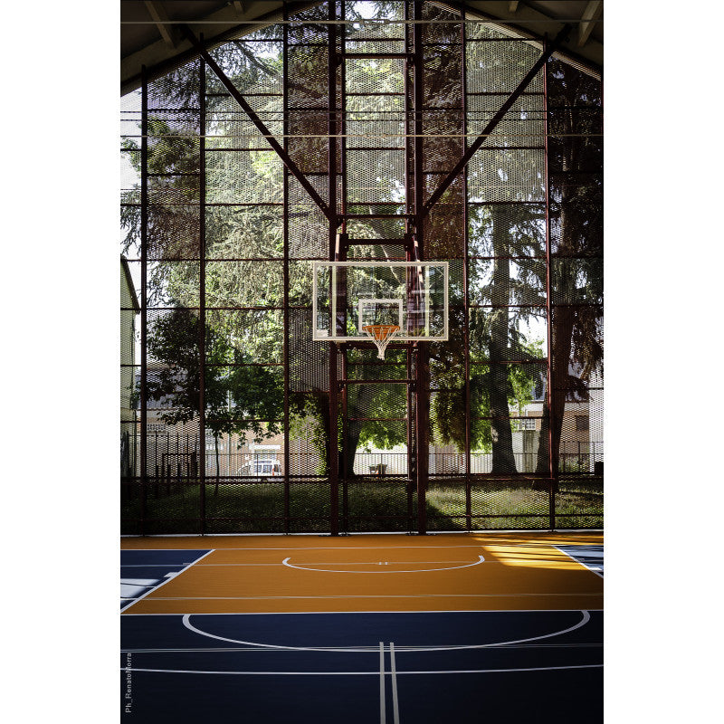 Impianto basket accostabile a parete Art. B 905 tabelloni legno Omologato TUV secondo Norma UNI EN 1270 sbalzo 320cm