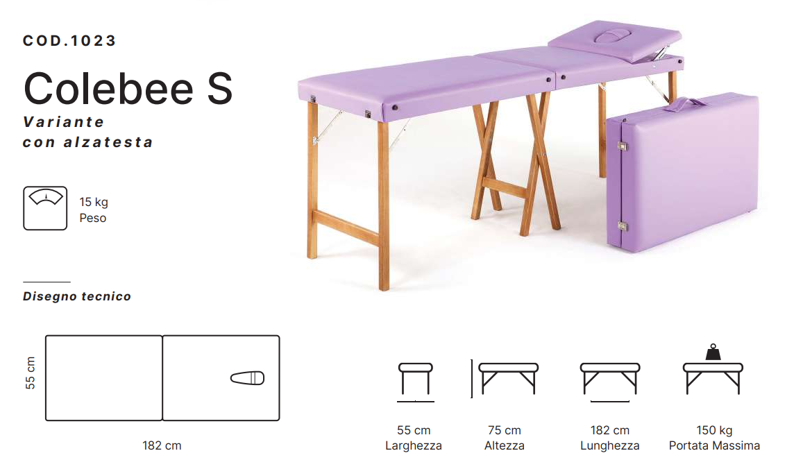 Lettino Medico Portatile con Alzatesta in legno di Faggio Richiudibile Colebee S Cod. 1023
