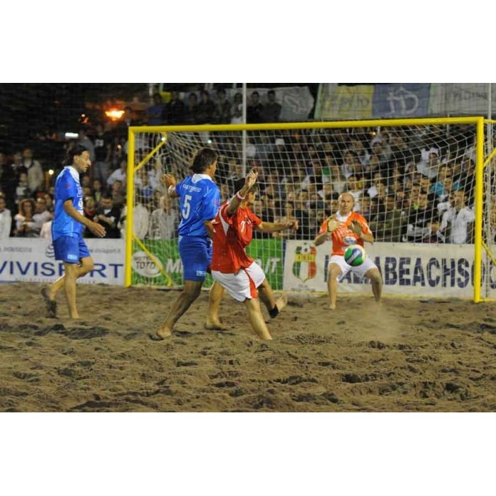 Coppia porte beach soccer 5,5x2,2 metri in alluminio sez. 80 mm., mobili, gomiti saldati.