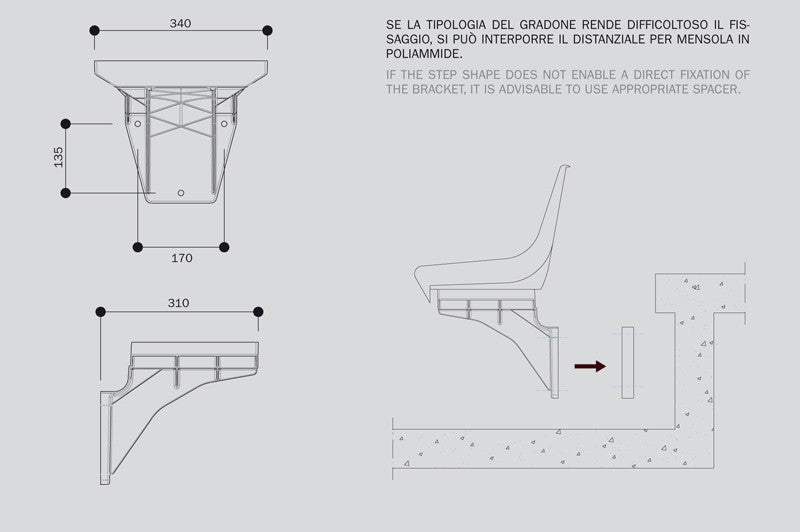 Mensola fronte gradone per scocche  in PA compatibile M90 - M2003 - M2004 - M2009 - M2010