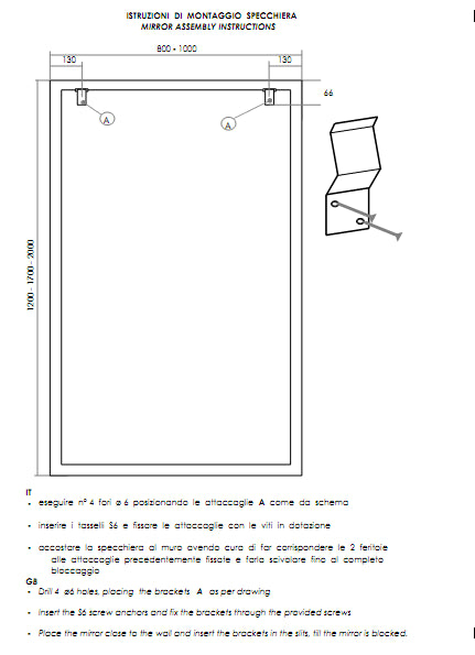 Specchio modulare su carrello liscio cm 100x170 h Art1703+1700 Specchio compreso