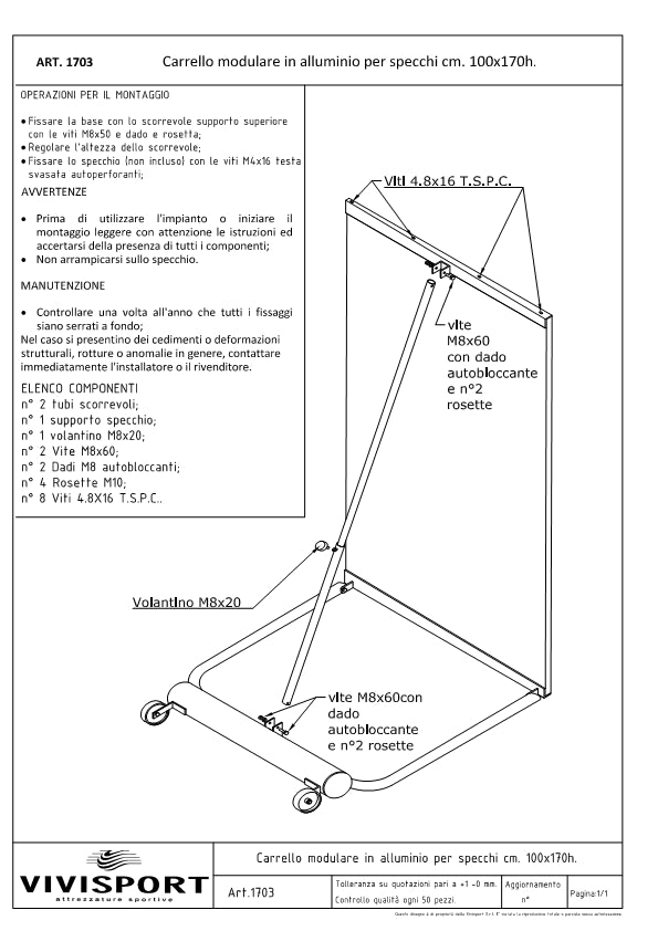 Specchio modulare su carrello liscio cm 100x170 h Art1703+1700 Specchio compreso