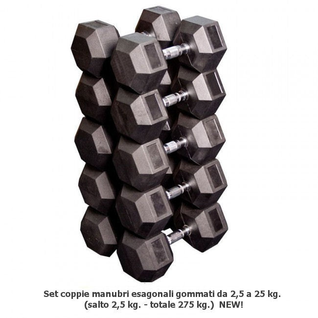 SET COPPIE MANUBRI ESAGONALI GOMMATI DA 2.5 A 25 KG cod MEG-SET25