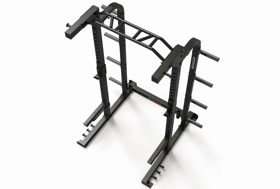 Half rack con 8 barre in acciaio per elastici toorx WLX-3400 e traliccio multipresa superiore