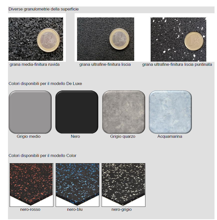 Eco-Floor gym COLOR Pavimentazioni antiscivolo e ammortizzanti Piastrella o rotolo monostrato in agglomerato di gomma sbr con granuli epdm colorati, altissima densità e granulometria ultrafine