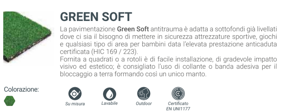 GREEN SOFT  Protezioni di sicurezza in morbida gomma espansa con rivestimento in erba sintetica.