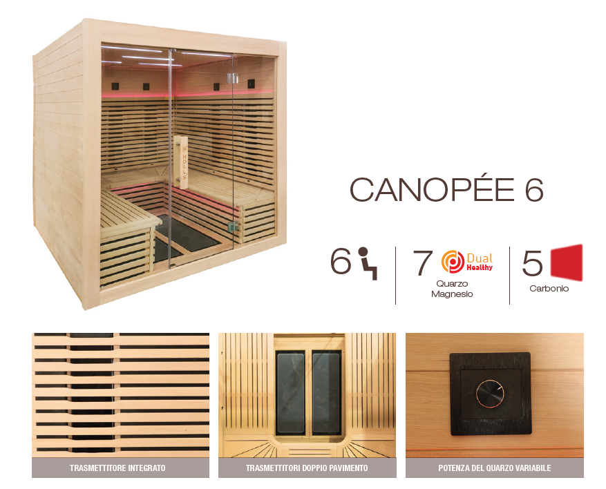 Sauna infrarossi al quarzo Canopèe 6 posti Costo, Spedizione e Preventivo su richiesta! Cod. HL-CNP06 Tecnologia a infrarossi a tripla cura (quarzo / magnesio / carbonio)