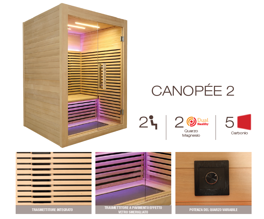 Sauna infrarossi al quarzo Canopèe 2 posti Costo, Spedizione e Preventivo su richiesta! Cod. HL-CNP02 Tecnologia a infrarossi a tripla cura