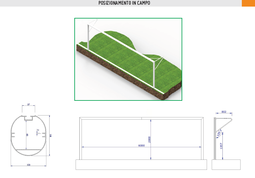 Coppia porte calcio a 7 in alluminio dimensioni cm 600x200 modello a bussole con reggirete a gomito Art. S04311