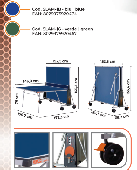 Ping Pong Slam indoor piano gioco verde o blu con ruote NEW 2026! Cod. SLAM-IG e Cod. SLAM-IB