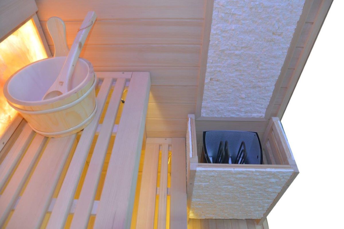 Sauna finlandese N02TDS haloterapia (terapia del sale) e parete posteriore interamente rivestita con mattoni di sale rosa naturale