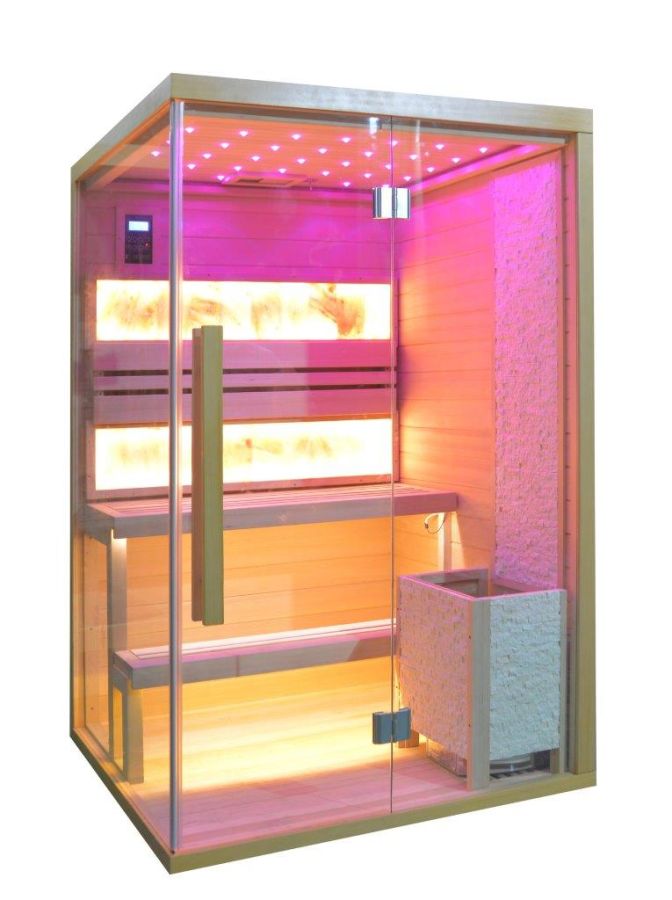 Sauna finlandese N02TDS haloterapia (terapia del sale) e parete posteriore interamente rivestita con mattoni di sale rosa naturale
