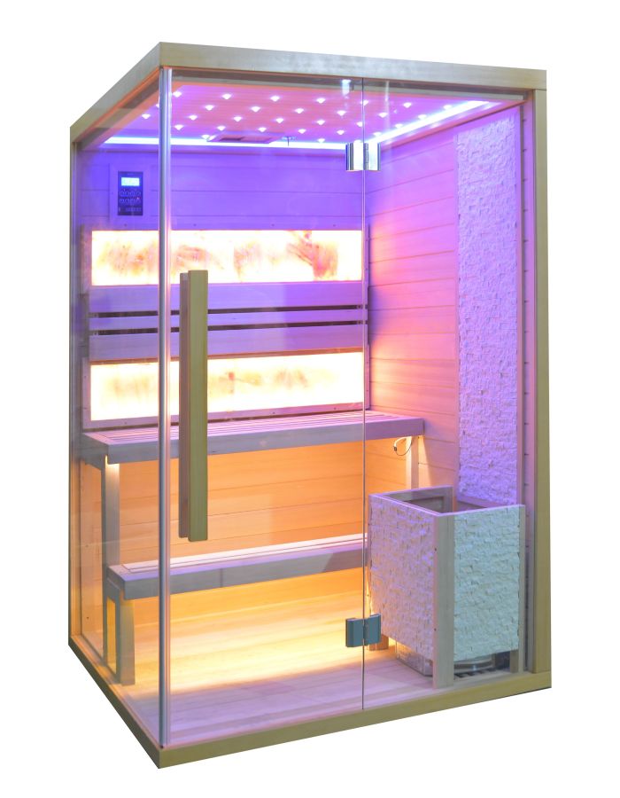 Sauna finlandese N02TDS haloterapia (terapia del sale) e parete posteriore interamente rivestita con mattoni di sale rosa naturale